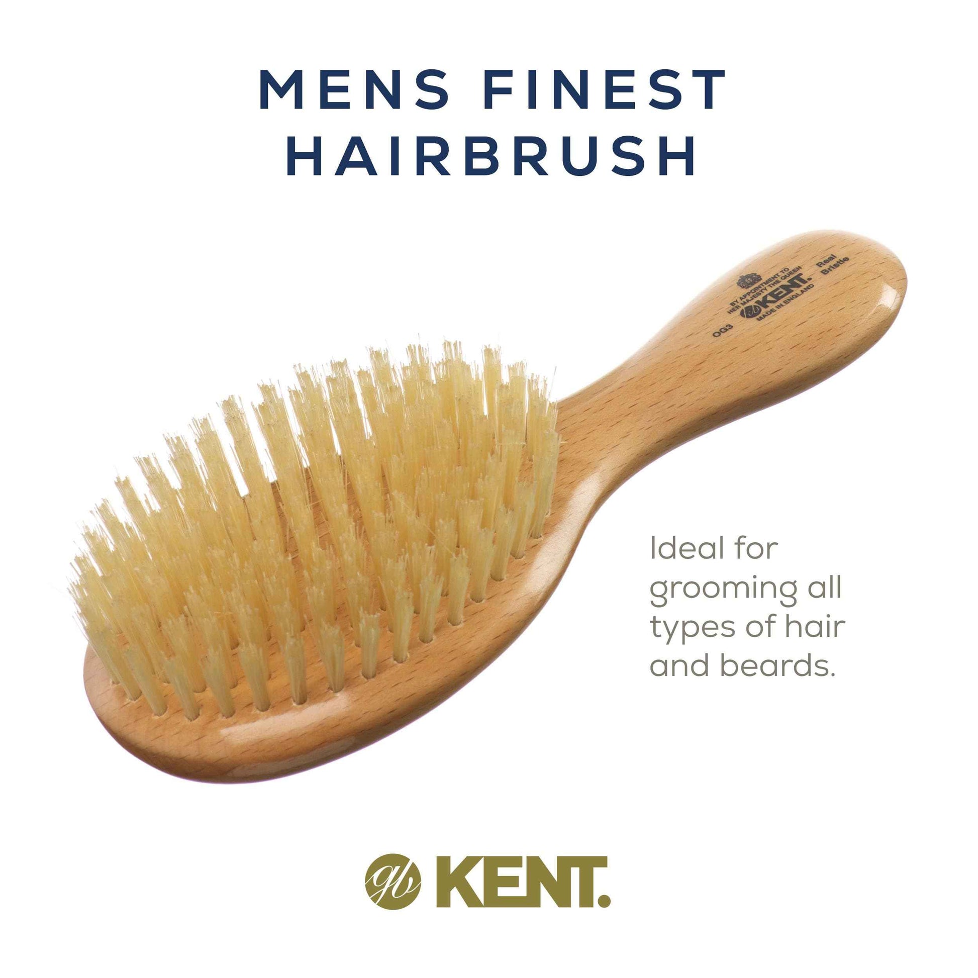 Kent OG3 Finest Men's Hair Brush and Facial Brush for Beard Care - 100% Natural White Boar Bristle Brush for Mens Grooming, Scalp Brush, 360 Wave, and Beard Straightener For Men's Hair Care