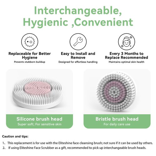 Eliteshine 1 White Electric Facial Cleansing Brush Plus with 2 Original Replacement Heads Bundle