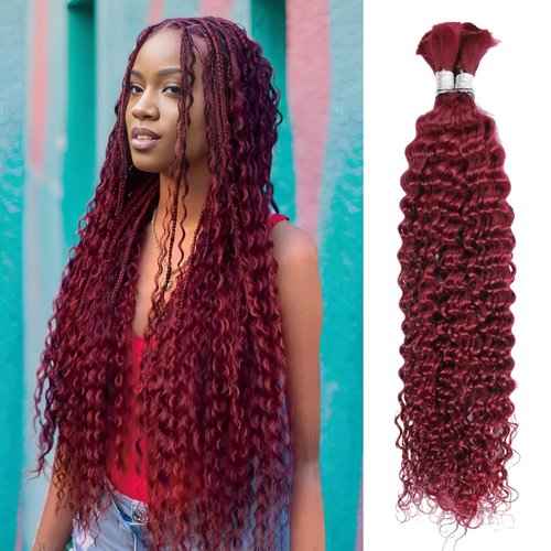Aikebi Curly Burgundy Braiding Human Hair 100g 22 Inch 99J Burgundy Deep Water Wave Bulk Human Hair for Braiding No Weft Brazilian Virgin Deep Curly Human Hair Extensions for Boho Braids