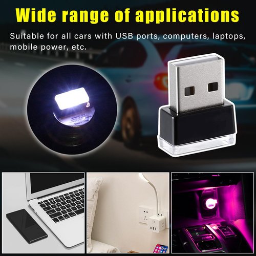 Augeny 4 PCS USB LED Car Interior Atmosphere Lamp, Plug-in USB Decor Night Light, Portable Auto Ambient Lighting Kit, Universal Vehicle Interior Accessories for Most Cars (White & Purple)