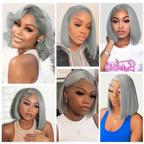 Benafee Grey Silver Bob Wig Human Hair 13x4 HD Lace Front Wig Glueless Wigs Human Hair Pre Plucked Gray Short Bob Lace Frontal Wigs for Black Women Nature Hairline 180% Density 12 Inch