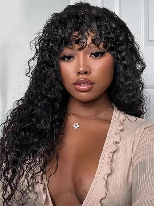 Doiwile Curly Wig with Bangs Human Hair for Black Women 4x4 HD Lace Closure Wigs Human Hair long Black Wig with Bangs Glueless Wigs Human Hair 22inch