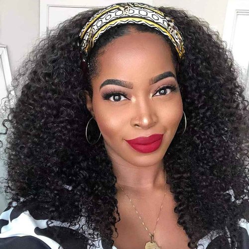 XSY Headband Wig Human Hair for Black Women Kinky Curly Headband Wig Glueless Brazilian Hair None Lace Front Wigs 150% Density Half Wigs Natural Colour 150% Density (24inch)