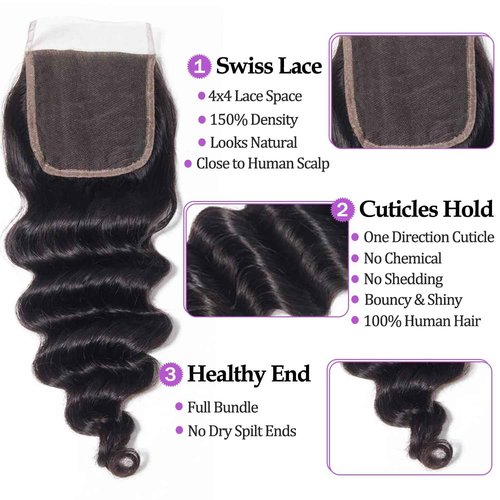 Beaushine 10A Human Hair Bundles with Closure Loose Deep Wave Quick Weave Hair-18 20 22+18inch, 100% Raw Brazilian Virgin Hair Loose Wave Lace Closure with 3 Bundles Pre plucked Natural Black Color