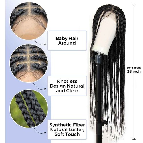 KRALER 36 inch Braided Wigs for Black Women, Knotless Box Braid Wig Full Double Lace Square Based Micro Box Braids Wig Pre Plucked with Baby Hair