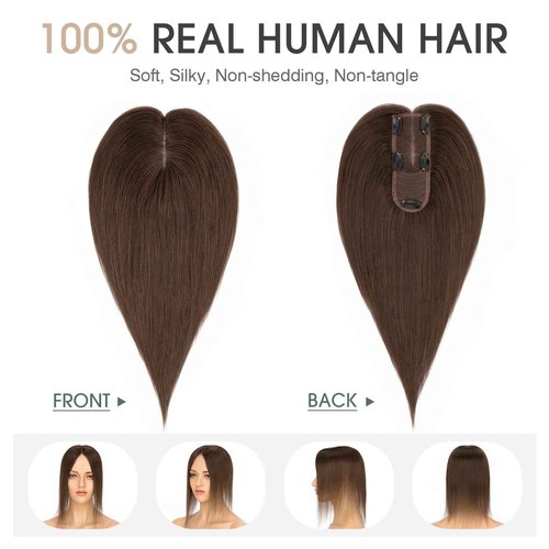 S-noilite Hair Toppers for Women Real Human Hair, Human Hair Toppers for Women with Thin Hair,2.25"*6" Lace Silk Base 10 inch Dark Brown