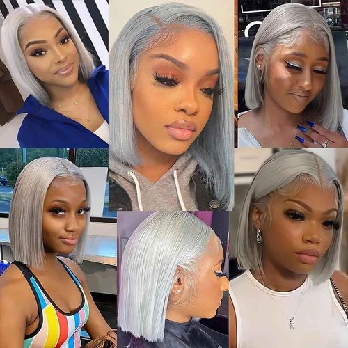 Silver Grey Bob Wigs Human Hair for Black Women 13x4 HD Lace Frontal Bob Wigs Human Hair Pre Plucked WIth Baby Hair Wear and Go Glueless Short Straight Blunt Cut Bob Wigs 180% Density 12 Inch