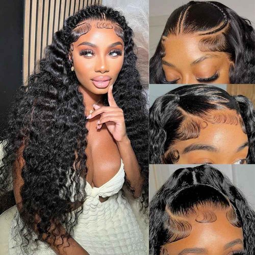 XVE 26 Inch 13x4 Deep Wave Lace Front Wigs Human Hair Pre Plucked 200 Density HD Transparent Lace Frontal Wig Wet And Wavy Lace Front Wigs Human Hair For Women Curly Glueless Wigs Natural Black
