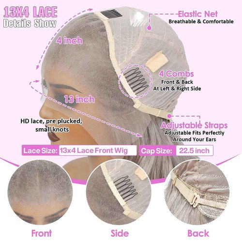 Pisenor 13x4 Grey Lace Front Wig Human Hair Body Wave Lace Frontal Wigs Human Hair HD 180% Density Transparent With Baby Natural Hairline Pre Plucked Lace Front wigs (22 inch)