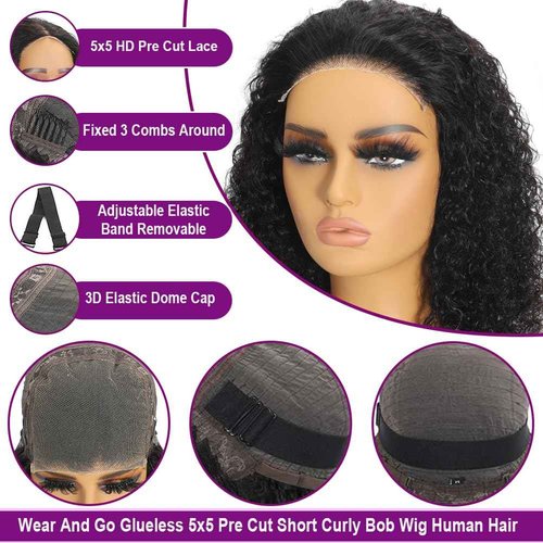 Curly Bob Wigs Human Hair Wear and Go Glueless Bob Wig Human Hair Pre Plucked Pre Cut 5x5 HD Lace Closure Wigs for Black Women Deep Wave Lace Front Short Curly Wigs 180 Density Natural Black 12 Inch