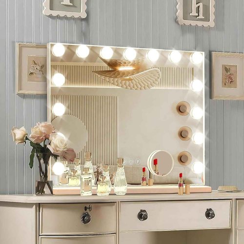 Ratsamee Hollywood Vanity Mirror with Lights, 15 Dimmable Bulbs, 3 Color Lights,Make Up Lighted Mirror, Aluminum Metal Frame, USB Charging Port（23" x 18"）