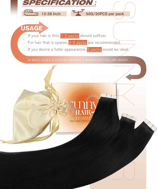 Sunny Hair Tape in Hair Extensions Human Hair 26inch Hair Extensions Real Human Hair Tape in Extensions for Women Jet Black Invisible Remy Hair Natural Straight Skin Weft Double Sided Tapes 20Pcs 50g