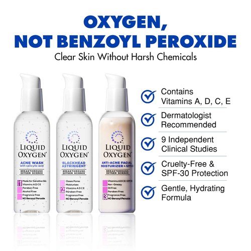 Liquid Oxygen Acne Treatment System for Acne-Prone Skin | Oxygen-Infused | Cleansing Wash, Blackhead Astringent & Hydrating Moisturizer | Blemish Control & Pimple Treatment | Dermatologist-Recommended