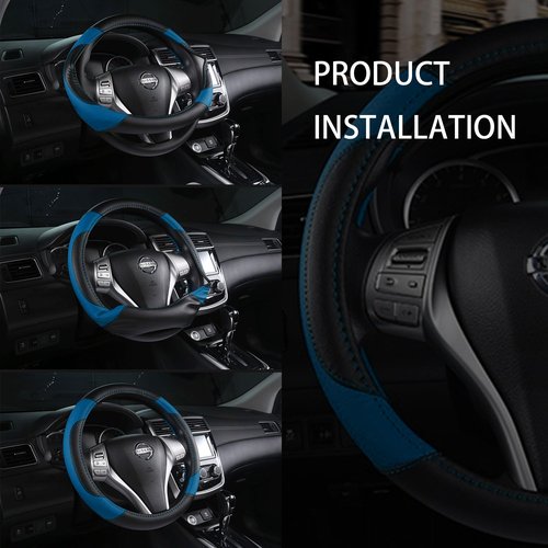 Leather Car Steering Wheel Cover, Non-Slip Car Wheel Cover Protector Breathable Microfiber Leather Universal Fit for Most Cars (Blue-2)