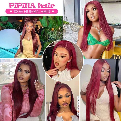 PiPiHA 99j Burgundy Lace Front Wigs Human Hair Straight Lace Front Wigs Human Hair Pre Plucked 13x4 HD Glueless Red Human Hair Wigs For Women 180% Density (22 Inch, 99j)