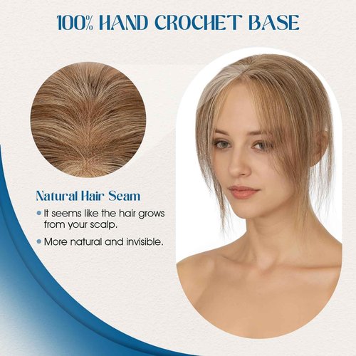 SLEEKALON Hair Topper with Side Bangs Human Hair Curtain Bangs Topper for Women, T-part Lace Base Real Human Hair Topper Hair Piece for Daily Wear(Side Bangs,Medium Brown & Dark Blonde)