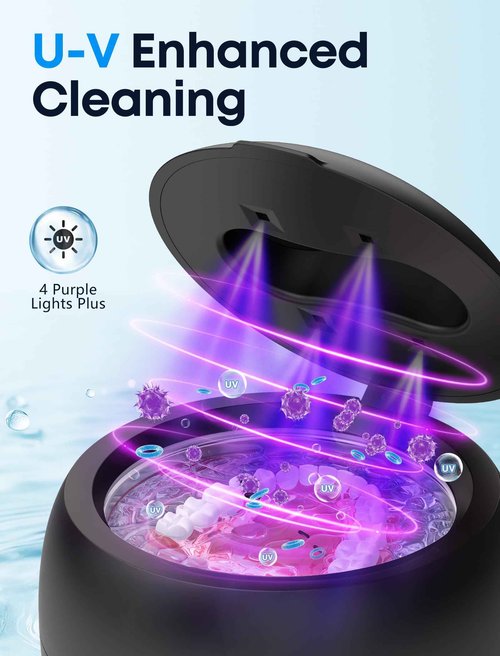 BEESHOP Ultrasonic Retainer Cleaner - 45kHz Retainer Cleaner Machine for Dentures, Mouth Guards, Night Guard, Braces, Aligner, Jewelry, 3 Modes Denture Cleaner & 200ML Dental Cleaning Pod (Black)