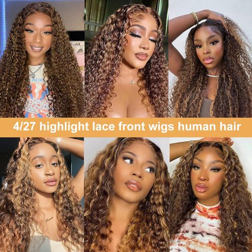 Ladoux Ombre Lace Front Wig Human Hair 13x4 HD Transparent Deep Wave for Women 180% Density 4/27 Honey Blonde Colored Highlight Curly Glueless Wigs 16Inch Pre Plucked with Baby Hair