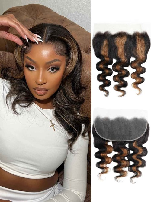 Anmetan F1B/30 Ombre 13x6 Hd Frontal Only Human Hair Body Wave, Breathable Transparent Lace Ear To Ear Frontal Hd Lace 13x6 150% Density Free Part Honey Blonde Highlight 12A Remy Hair Closure 12 Inch