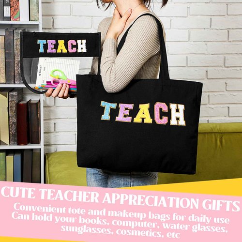 Talltalk 12 Pcs Teacher Tote Bags Bulk, Black Appreciation Gifts Chenille Letters Totes Bags with Makeup Pouch Set for Easter Graduation Party Teacher Gifts