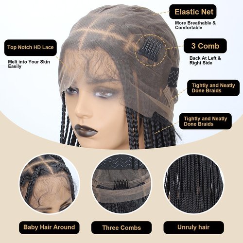 Sangtok 36 inch Knotless Box Braid Wigs, 360 Single Full Lace Braided Wigs for Black Women, Synthetic Black Braided Lace Wig