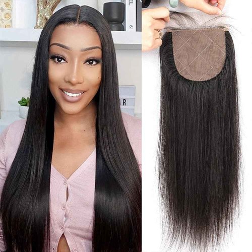 RIVPOIG 4x4 Silk Base Lace Closure with Baby Hair Pre Plucked Brazilian Virgin Straight Natural Black Color Human Hair Free Part Toppers Closure For Women (14inch)