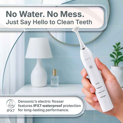 DENSONIC Electric Flosser Kit with Tongue Scraper | No Water, No Mess | Easy Gliding Dental Floss for Gentle Gum Care | Cordless Sonic Power | 50 Replaceable Heads [Celeste Blue]