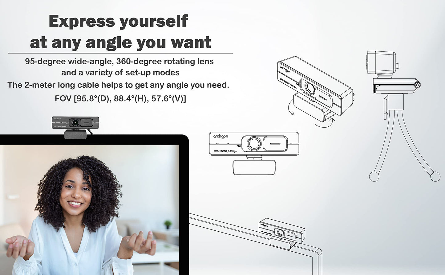 archgon 1080P/60fps Webcam C6206 Full HD Streaming Low-Light Correction Wide-Angle Lens Webcam with Dual Omni-Directional Microphone, Privacy Cover and Tripod Compatible with Teams Skype and Zoom