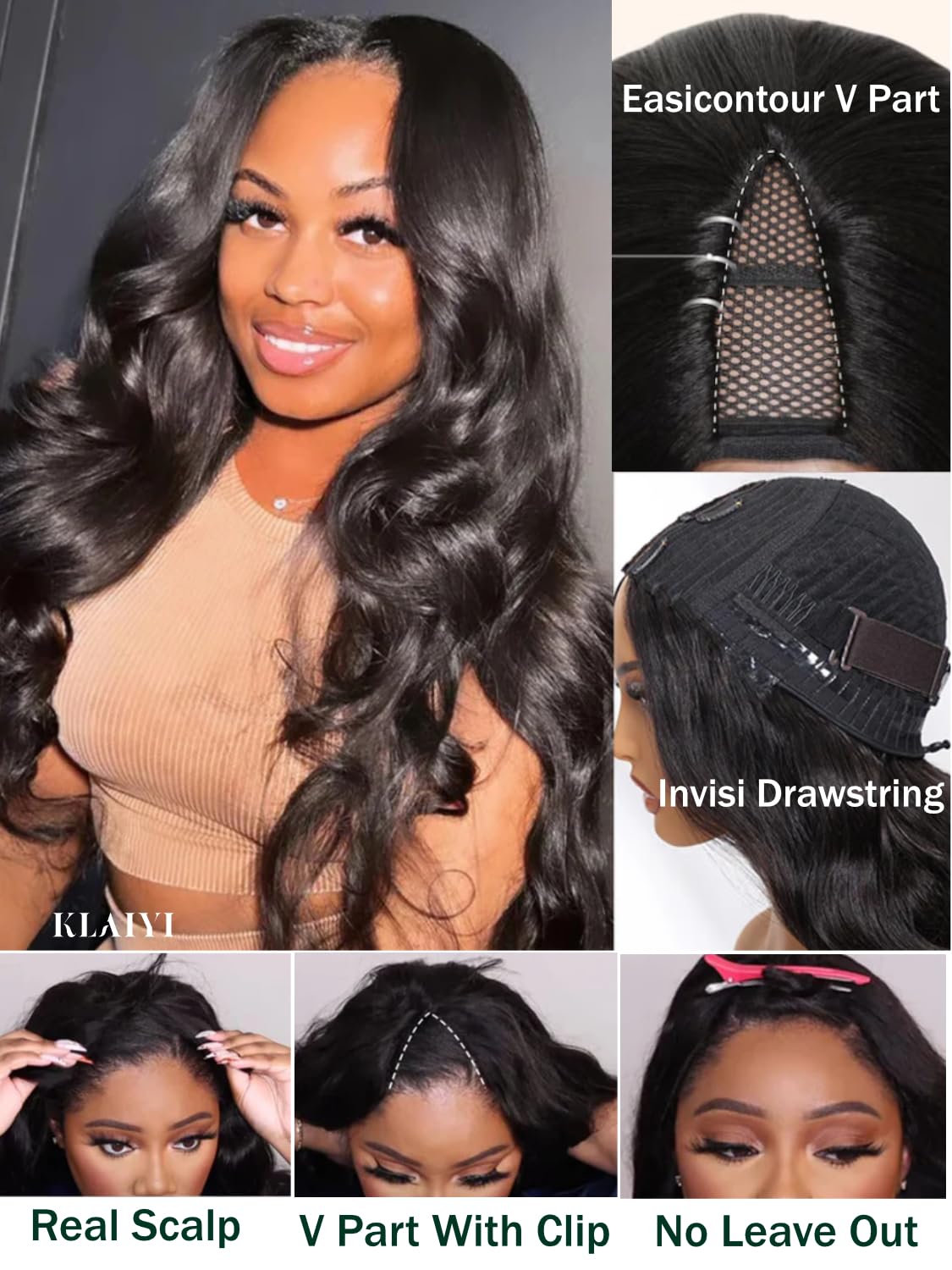 KLAIYI EasiContour V Part Wig Human Hair Body Wave Glueless Upgrade U Part Wig No Leave Out No Gel Clip in Half Wig V Shape Pull and Go Beginner Friendly Ready to Wear Natural Black Color 150% 16Inch