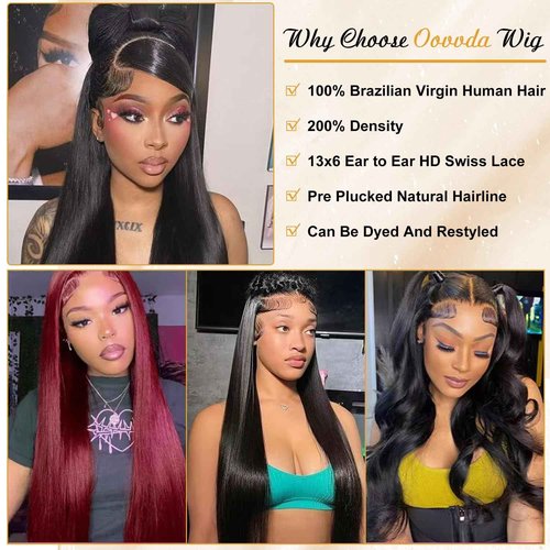 OOVVDA 30 Inch 13x6 Lace Front Wigs Human Hair Straight Lace Front Human Hair Wig Pre Plucked 200 Density Glueless Natural Black Straight Wig 13x6 HD Lace Frontal Wigs for Women