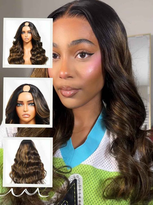 Nadula Balayage Ombre V Part Yaki Wavy Drawstring Wigs Human Hair No Leave Out Upgrade U Part Wig,Glueless Highlight V-part Wavy Wig with Flip Out Bangs Ready to Go Vpart Wig 150% Density 18inch