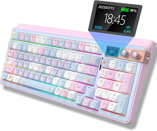 98% Mechanical Gaming Keyboard,96 Keys Full Key Rollover Wireless Keyboard Hot Swappable Gasket Structure,Bluetooth,2.4GHz,USB-A to C 3-Mode,with Screen,RGB,PBT Keycaps,for PC Laptop (Purple