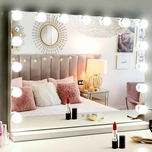 M MIVONDA Hollywood Vanity Mirror with Dimmable 15LED Bulbs Lights 3 Lighting Modes 2in1 Large Lighted Makeup Mirror for Desk and Wall with Plug-in and USB Charger Port