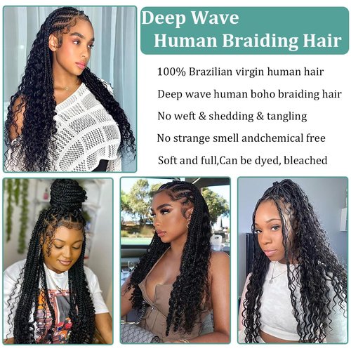 Deep Wave Bulk Human Hair For Braiding No Weft Unprocessed Brazilian Virgin Human Hair Extensions Wet And Wavy Micro Braiding Hair Bundles For Boho Braids Natural Color(26inch 2pack/100g)