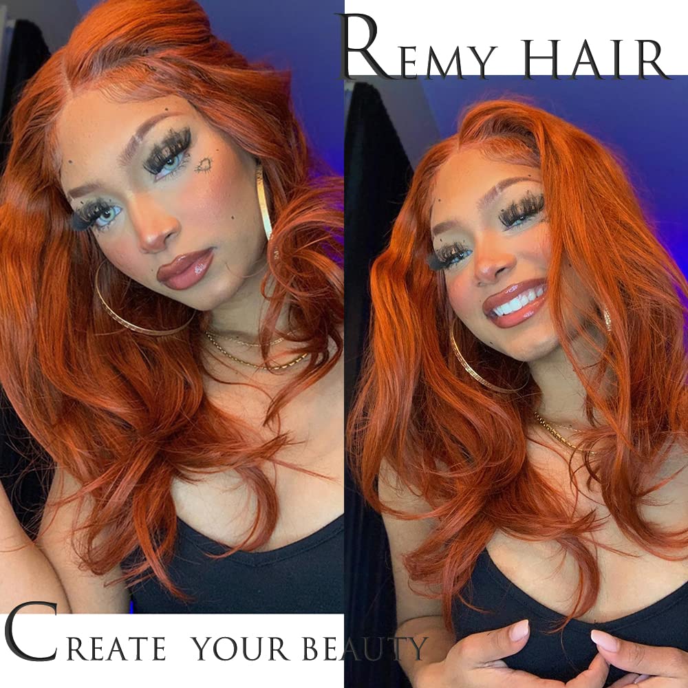 Ginger Human Hair Wig 100% Human Hair Ginger Lace Front Wig Burnt Orange Lace Bob Wig Middle Part 180% Density16 Inch 13x4x1 Lace Wig with Baby Hair