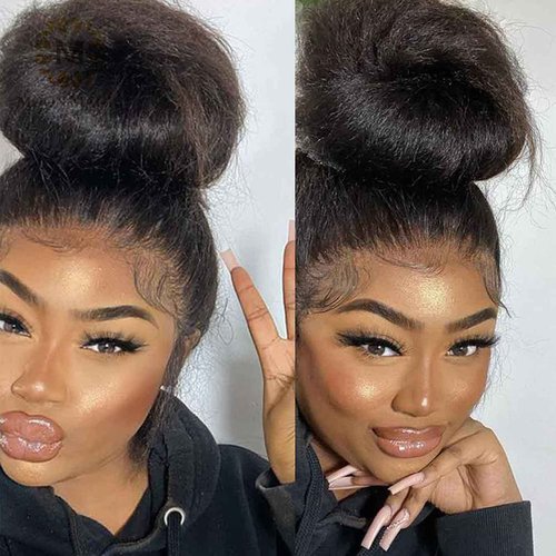 Alidiamond 360 Lace Front Wigs Human Hair Kinky Straight Wig 360 Frontal Wigs for Black Women 16 Inch 180% Density Yaki Straight 360 Full Lace Wigs with Baby Hair Natural Color