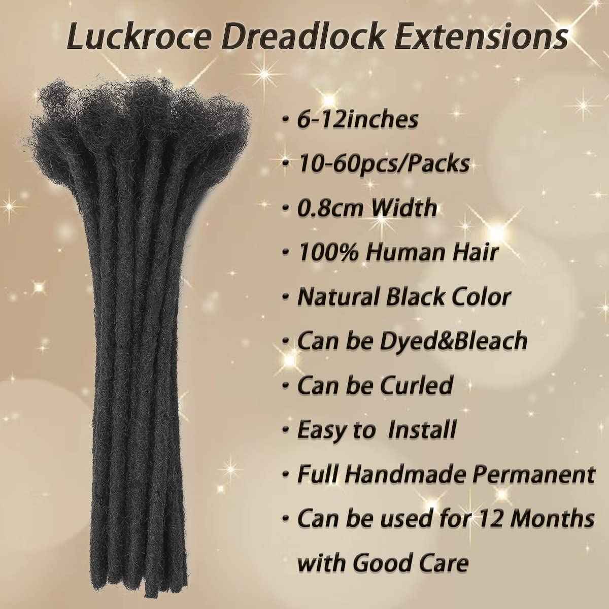 Loc Extension Human Hair 60 Strands 0.8cm Width 8inch 100% Full Handmade Permanent Dreadlock Extension Human Hair for Women/Men Can Be Dyed Bleached Curled (Width 0.8cm Natual Black)