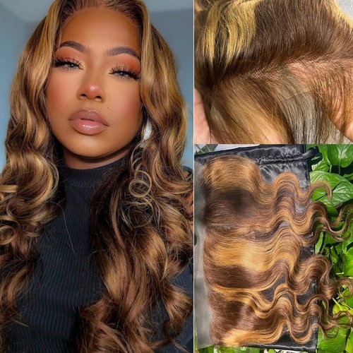 ALHER 4/27 Honey Blonde Highlight Body Wave Closure 13x4 Lace Frontal Human Hair Ombre Colored Wavy 12A Virgin Remy Hair Undetectable Transparent Melt Ear to Ear Lace Frontal Closure 20 Inch