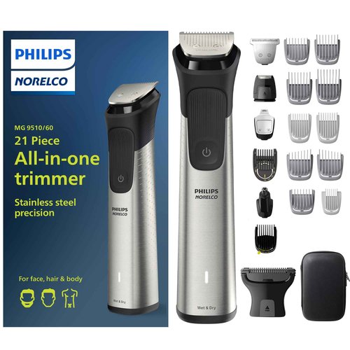 Norelco Philips Multigroom Series 9000-21 Piece Men's Grooming Kit for Beard, Body, face, Nose, Ear Hair Trimmer w/Premium Storage case, MG9510/60