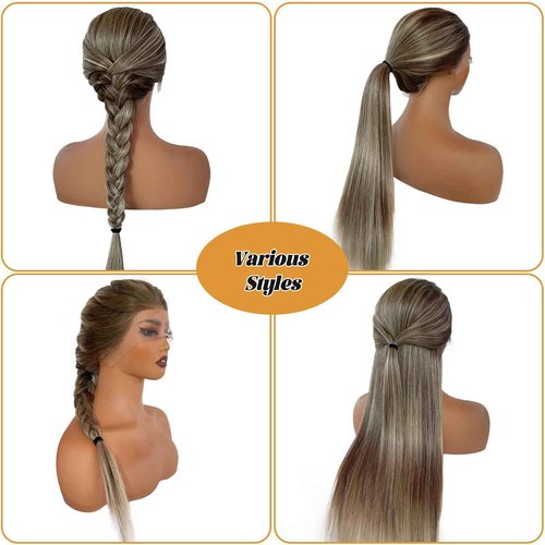 Ombre Highlights Ash Brown Wigs Human Hair for White Women 18 Inch Pre Plucked 13x6 Balayage Blonde HD Lace Front Wig Human Hair with Dark Roots Glueless Straight Wig 180% Density Full End