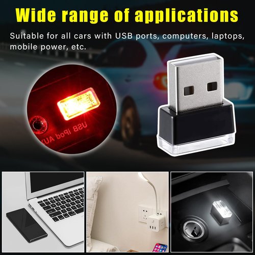 Augeny 4 PCS USB LED Car Interior Atmosphere Lamp, Plug-in USB Decor Night Light, Portable Auto Ambient Lighting Kit, Universal Vehicle Interior Accessories for Most Cars (White & Red)