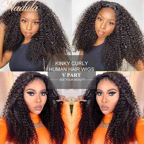 Nadula V Part Wig Kinky Curly Human Hair No Leave Out Glueless Upgraded U Part Wigs for Women,10A Malaysian Afro Curly V-part Wigs V Shape Clip in Half Wig Beginner Friendly 150% Density 16inch