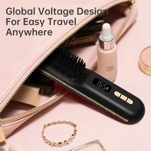 Cordless Hair Straightener Brush, Go Brush Pro, Portable Crystal Diamond Bling Mini Straightening Brush for Travel, Negative Ion Hot Comb with 9 Temps, Anti-Scald Ceramic, Fast Charging for Women
