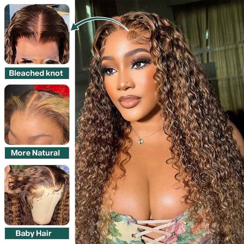 CYNOSURE Ombre Highlight HD Transparent Lace Front Wig Human Hair Pre Plucked 180% Density Flawless Hairline Curly Human Hair Wigs for Black Women 4/30 Honey Blonde Colored Wigs(16, 4/30highlight)