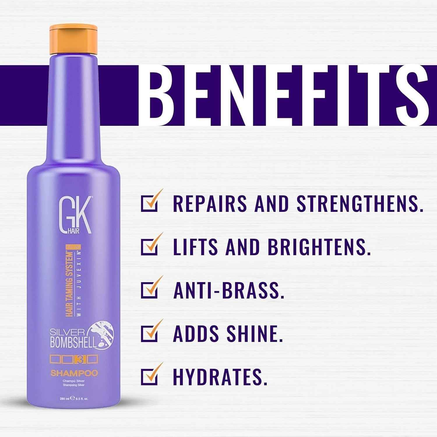 GK HAIR Global Keratin Silver Bombshell Purple Shampoo (24 Fl Oz/710ml) For Blonde, Platinum, Ash, Silver & Gray Hair Moisturizes Dry & Damaged Removes Yellow Brassy Tones