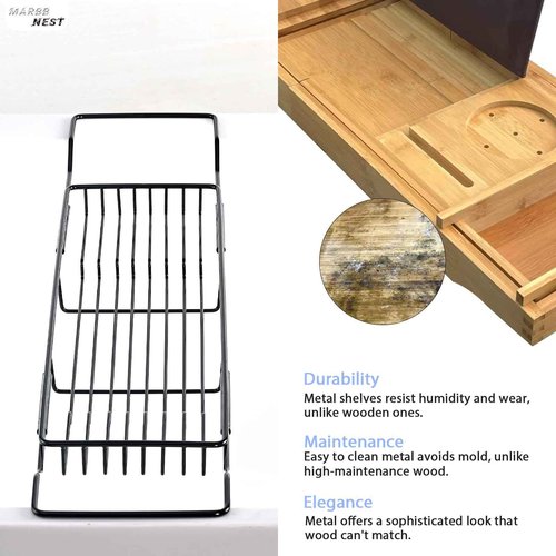 MARBBNEST Bathtub Tray Caddy for Luxury Bath Expandable Extra Wide Bath Tub Tray with Natural Marble Tray and Mobile/Tablet Stand, Ideal for Home Spa Lovers (Black + White)