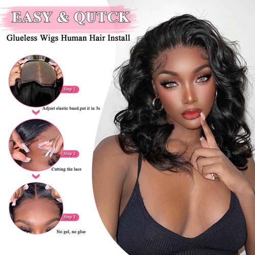 KinMos Bob Wig Human Hair 200 Density 13x6 Body Wave HD Lace Front Wigs Human Hair Glueless Lace Frontal Bob Wigs Short Bob Wigs for Black Women Pre Plucked with Baby Hair (14 inch, Bob Wig)