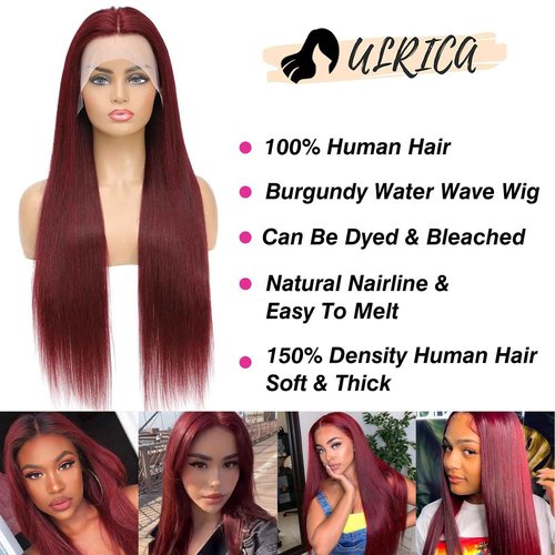 ULRICA 99J Burgundy Lace Front Wigs Human Hair Wigs for Black Women 26 Inch 13x4 HD Lace Burgundy Wig Human Hair Pre Plucked Red Lace Front Wigs 180% Density Straight Burgundy Wig