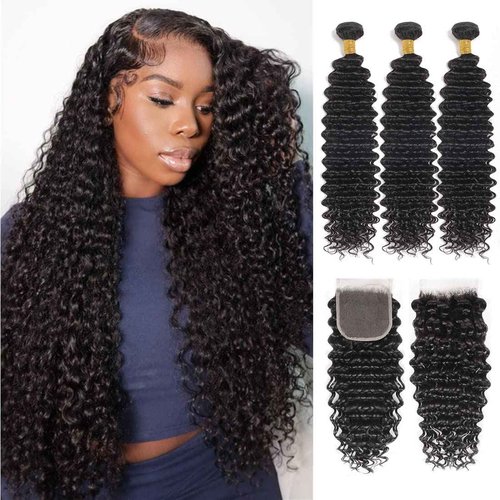 Deep Wave Bundles with Closure Human Hair Deep Curly 3 Bundles and 4x4 Closure (16 18 20+14Inch) Free Part Natural Color 100% Unprocessed Brazilian Virgin Hair Double Weft for Black Women