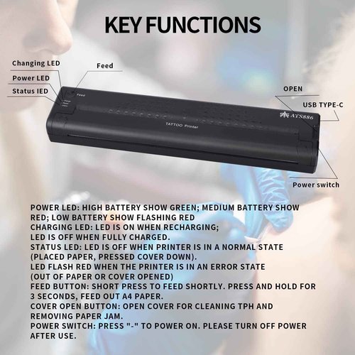 YTATTOO ATS886 Cordless Tattoo Stencil Printer - Rechargeable Inkless Machine - Bluetooth Tattoo Printer with 15pcs Transfer Paper for Temporary and Permanent,Compatible with iOS Phone